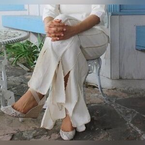 Cream flowy paneled maxi skirt with Lace Detail 100% cotton tie waist